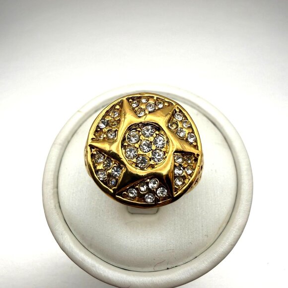 No Brand Jewelry - Bold Gold Tone Rhinestone Starburst Signet Ring Size 12 | Vintage Patina Stateme